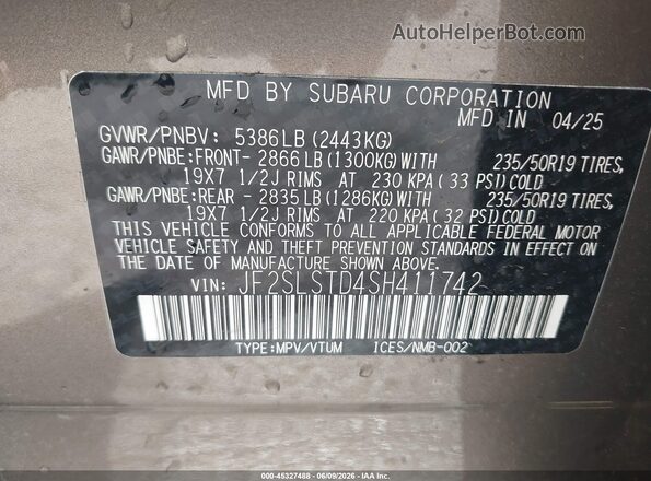 JF2SLSTD4SH411742 2025 SUBARU FORESTER Gray Вид підкапотного простору