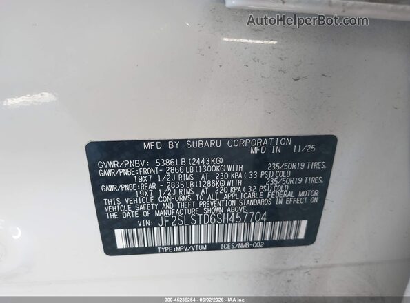 JF2SLSTD6SH457704 2025 SUBARU FORESTER Белый 
