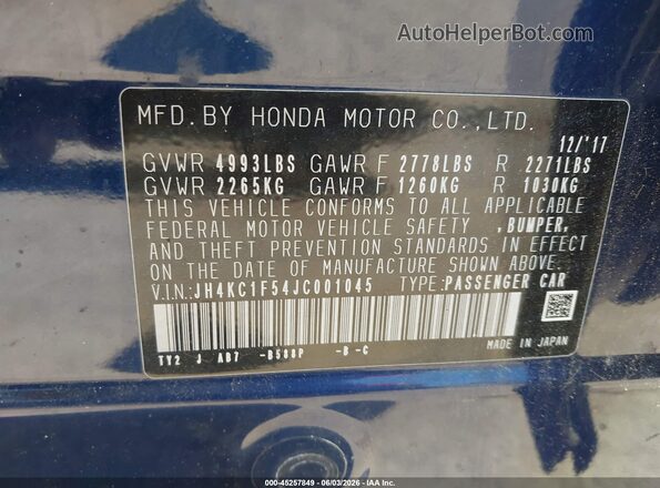 JH4KC1F54JC001045 2018 ACURA RLX Синий Вид подкапотного пространства