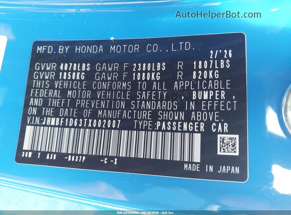 JHMBF1D63TX002007 2026 HONDA PRELUDE Blue Engine compartment view
