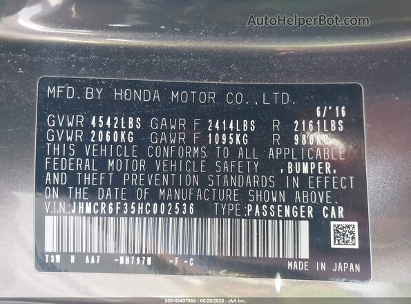 JHMCR6F35HC002536 2017 HONDA ACCORD Gray Շարժիչի բաժամունքի տեսք