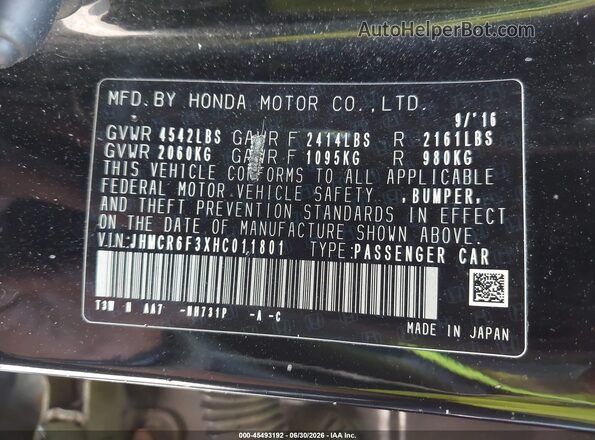 JHMCR6F3XHC011801 2017 HONDA ACCORD Black Engine compartment view
