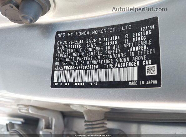 JHMCR6F52HC020056 2017 HONDA ACCORD Серебряный Вид подкапотного пространства