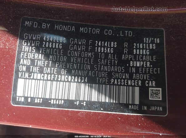 JHMCR6F73HC020634 2017 HONDA ACCORD Burgundy ძრავის განყოფილების ხედი
