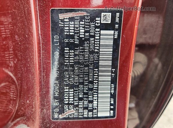JHMCR6F77HC029434 2017 HONDA ACCORD Maroon 