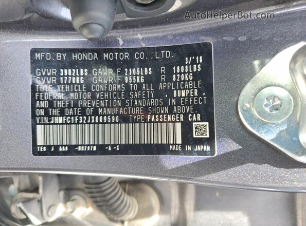 JHMFC1F32JX009590 2018 HONDA CIVIC Gray Widok komory silnika