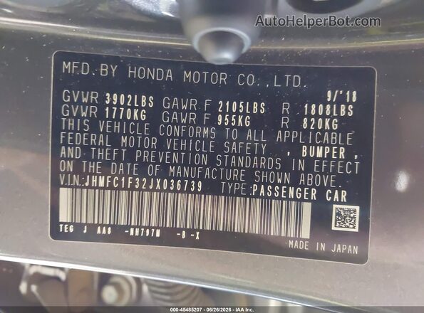 JHMFC1F32JX036739 2018 HONDA CIVIC Gray Widok komory silnika