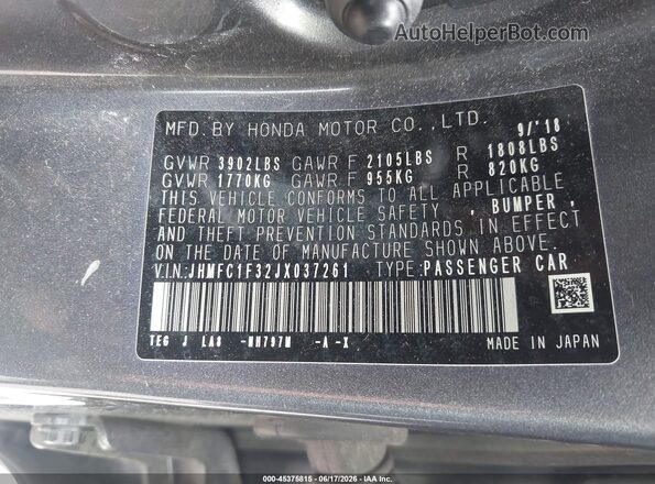 JHMFC1F32JX037261 2018 HONDA CIVIC Gray Engine compartment view