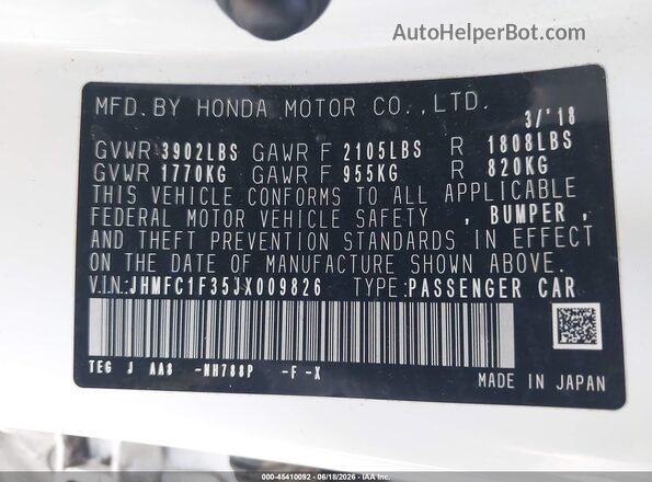 JHMFC1F35JX009826 2018 HONDA CIVIC White Vista del compartimento del motor