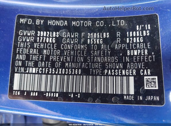 JHMFC1F35JX035360 2018 HONDA CIVIC Blue Widok komory silnika