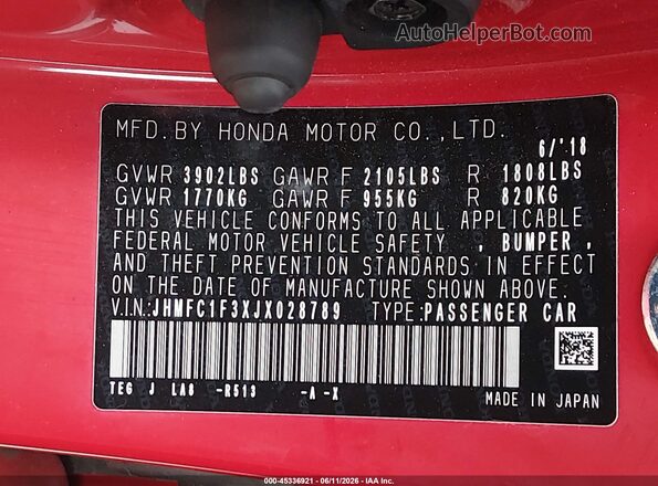 JHMFC1F3XJX028789 2018 HONDA CIVIC Red 