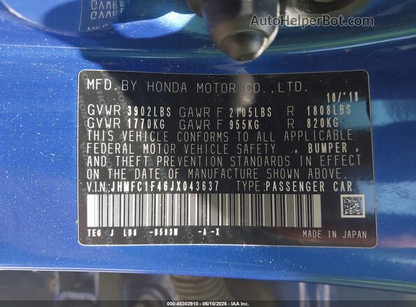 JHMFC1F46JX043637 2018 HONDA CIVIC Blue Շարժիչի բաժամունքի տեսք