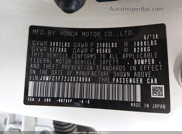JHMFC1F72JX028904 2018 HONDA CIVIC White Вид підкапотного простору