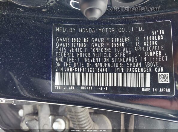 JHMFC1F91JX018446 2018 HONDA CIVIC Черный Вид подкапотного пространства