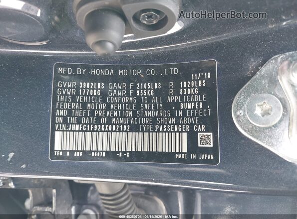 JHMFC1F92KX002192 2019 HONDA CIVIC Черный Вид подкапотного пространства