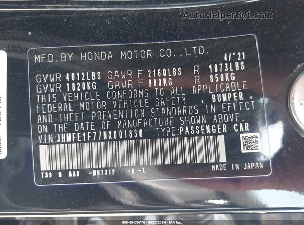 JHMFE1F77NX001830 2022 HONDA CIVIC Черный Вид подкапотного пространства
