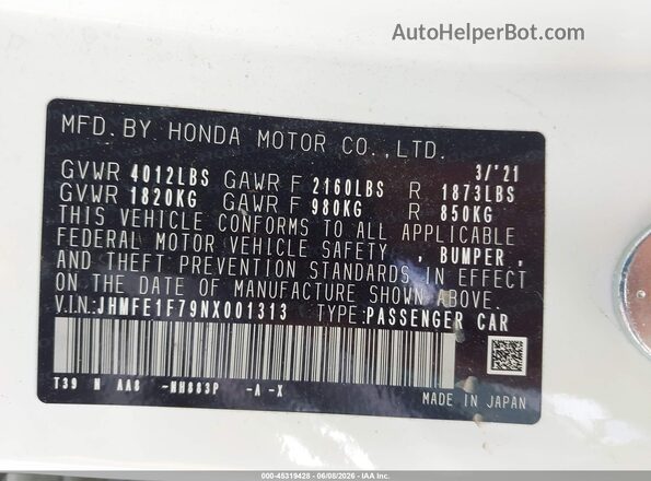 JHMFE1F79NX001313 2022 HONDA CIVIC White 