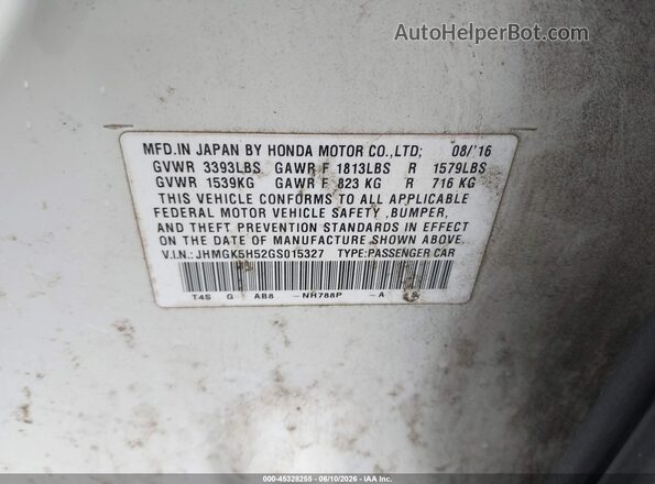 JHMGK5H52GS015327 2016 HONDA FIT White ძრავის განყოფილების ხედი