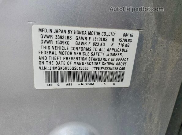 JHMGK5H55GS015080 2016 HONDA FIT Silver Вид наклейки з VIN-кодом