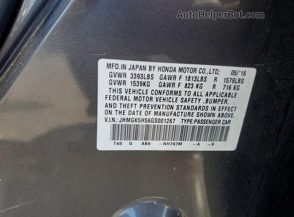 JHMGK5H56GS001267 2016 HONDA FIT Charcoal Вид наклейки з VIN-кодом