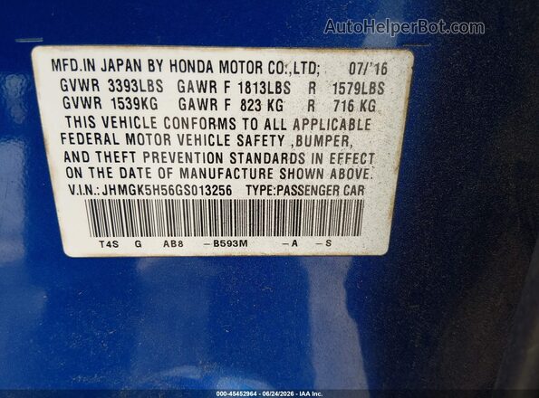 JHMGK5H56GS013256 2016 HONDA FIT Blue Vista del compartimento del motor