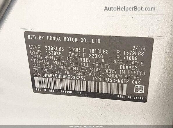 JHMGK5H59GX033357 2016 HONDA FIT Silver Շարժիչի բաժամունքի տեսք