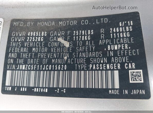 JHMZC5F11JC015620 2018 HONDA CLARITY Silver Vista del compartimento del motor