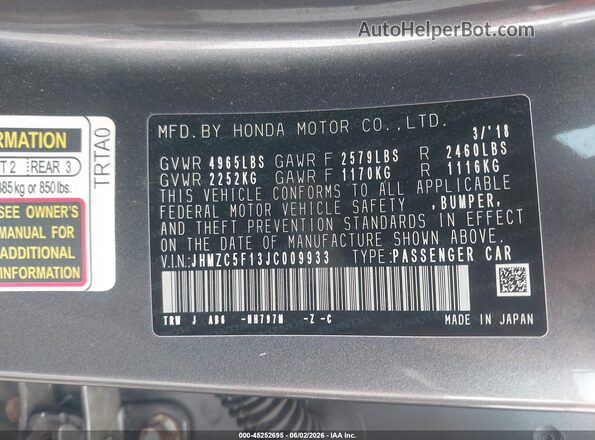 JHMZC5F13JC009933 2018 HONDA CLARITY Gray Շարժիչի բաժամունքի տեսք