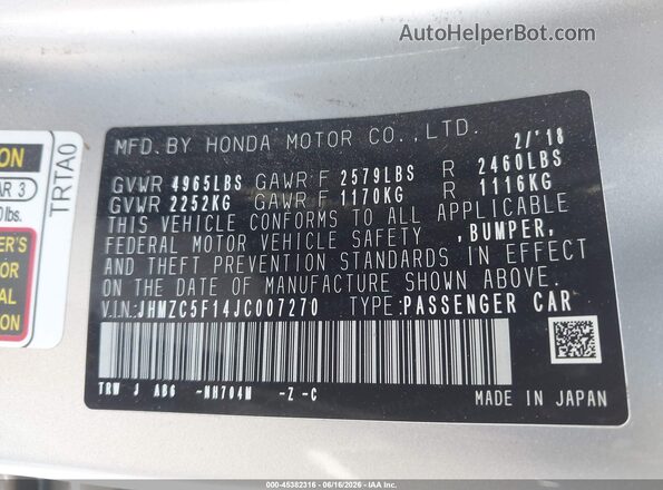 JHMZC5F14JC007270 2018 HONDA CLARITY PLUG-IN HYBRID Silver 