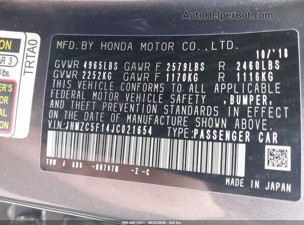 JHMZC5F14JC021654 2018 HONDA CLARITY Gray Engine compartment view