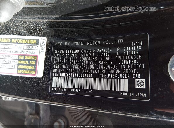 JHMZC5F17JC007005 2018 HONDA CLARITY PLUG-IN HYBRID Black Շարժիչի բաժամունքի տեսք