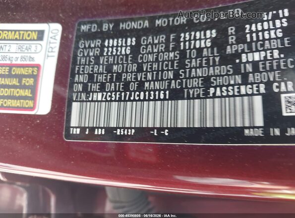 JHMZC5F17JC013161 2018 HONDA CLARITY PLUG-IN HYBRID Бордовый Вид подкапотного пространства