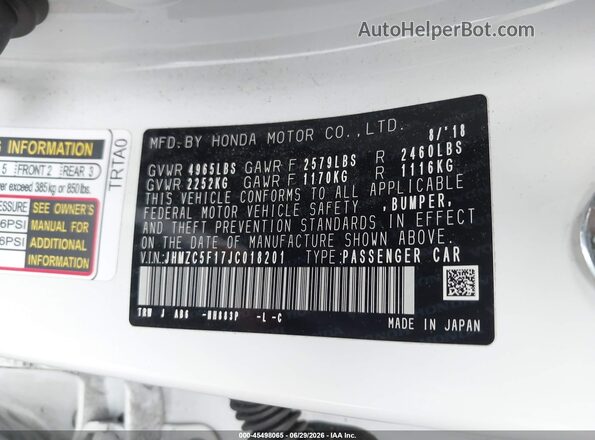 JHMZC5F17JC018201 2018 HONDA CLARITY White Շարժիչի բաժամունքի տեսք
