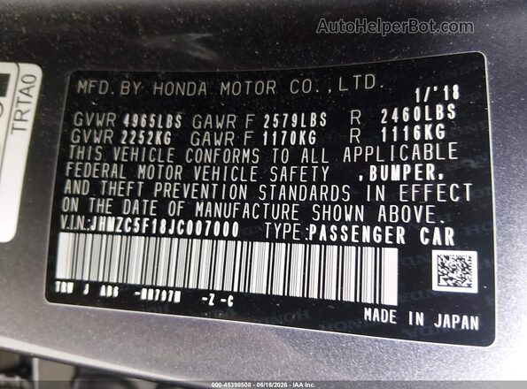 JHMZC5F18JC007000 2018 HONDA CLARITY Gray Շարժիչի բաժամունքի տեսք
