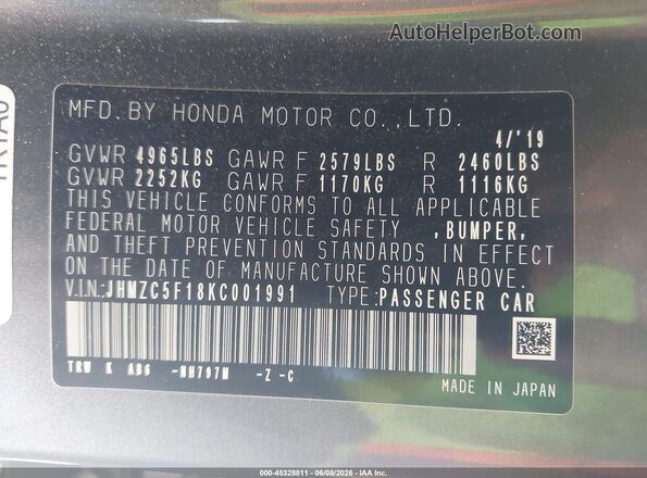 JHMZC5F18KC001991 2019 HONDA CLARITY PLUG-IN HYBRID Серый 
