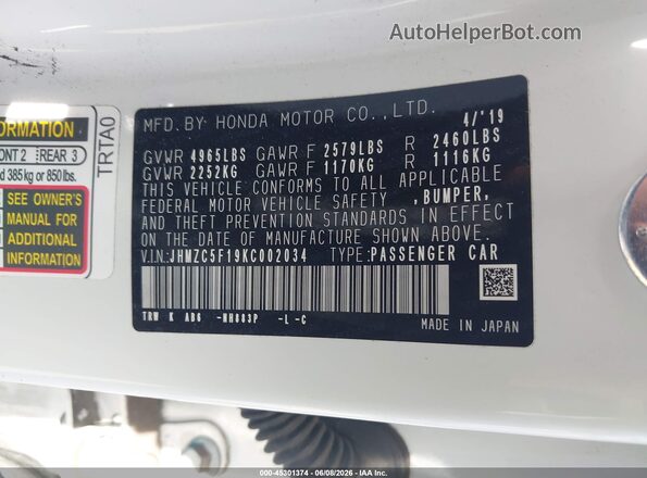 JHMZC5F19KC002034 2019 HONDA CLARITY PLUG-IN HYBRID White 