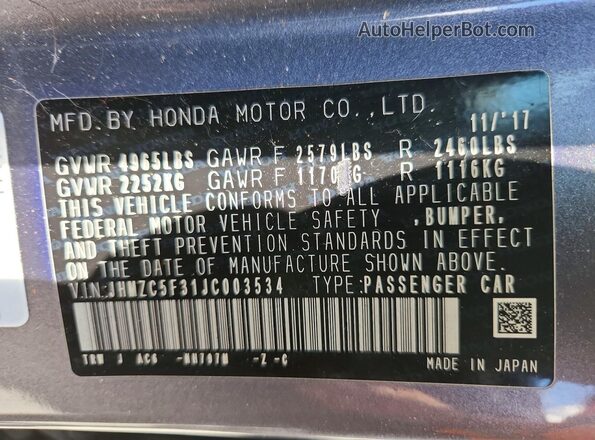 JHMZC5F31JC003534 2018 HONDA CLARITY Gray 