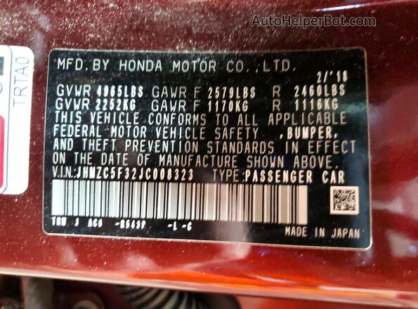 JHMZC5F32JC008323 2018 HONDA CLARITY Бордовый Вид наклейки с VIN-кодом