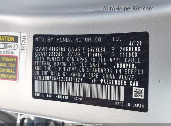 JHMZC5F32LC001827 2020 HONDA CLARITY Silver Vista del compartimento del motor