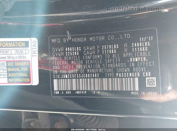 JHMZC5F33JC002482 2018 HONDA CLARITY Black Vista del compartimento del motor