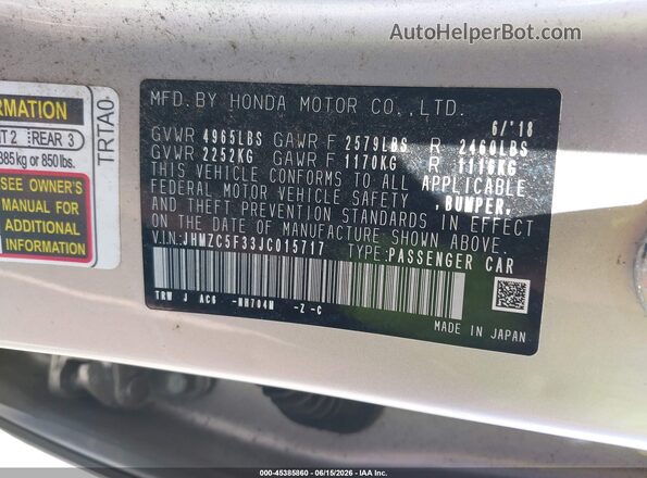 JHMZC5F33JC015717 2018 HONDA CLARITY Silver Շարժիչի բաժամունքի տեսք