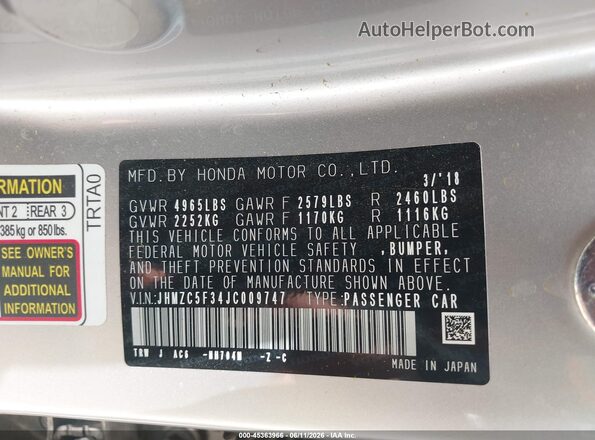 JHMZC5F34JC009747 2018 HONDA CLARITY Silver ძრავის განყოფილების ხედი