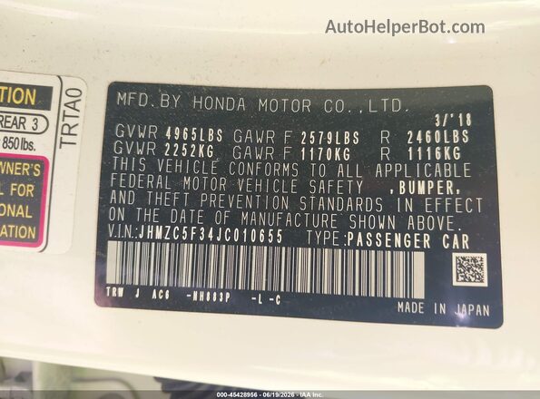 JHMZC5F34JC010655 2018 HONDA CLARITY Белый Вид подкапотного пространства