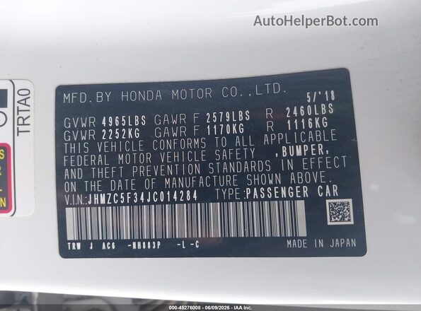 JHMZC5F34JC014284 2018 HONDA CLARITY PLUG-IN HYBRID White Շարժիչի բաժամունքի տեսք