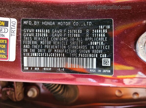 JHMZC5F35JC020918 2018 HONDA CLARITY Burgundy VIN sticker view