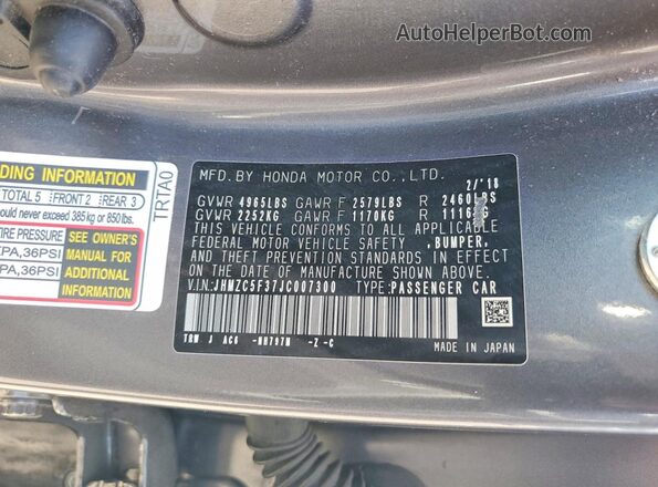 JHMZC5F37JC007300 2018 HONDA CLARITY Charcoal 