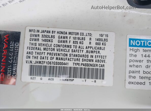 JHMZF1D67GS000441 2016 HONDA CR-Z White Вид підкапотного простору
