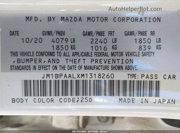 JM1BPAALXM1318260 2021 MAZDA 3 White Widok komory silnika