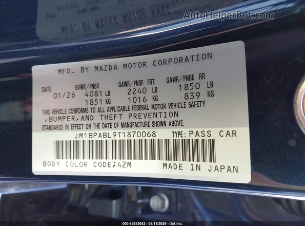 JM1BPABL9T1870068 2026 MAZDA 3 Black Engine compartment view