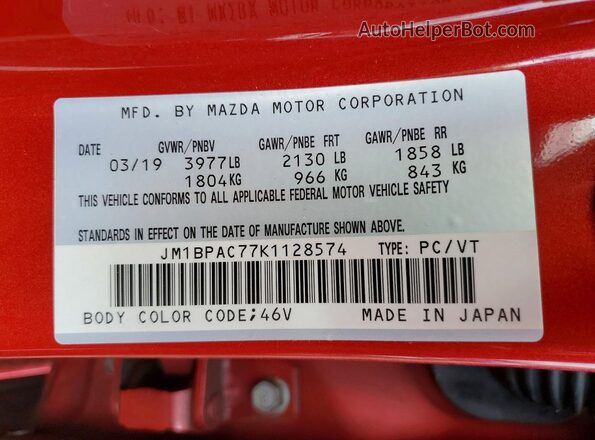 JM1BPAC77K1128574 2019 MAZDA 3 Red VIN կոդի պիտակի տեսք